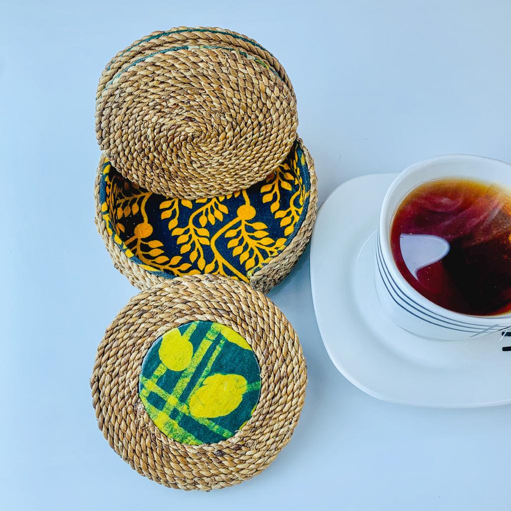 MitiMeth Water Hyacinth woven cup holders with adire fabrics sold on bellafricana marketplace
